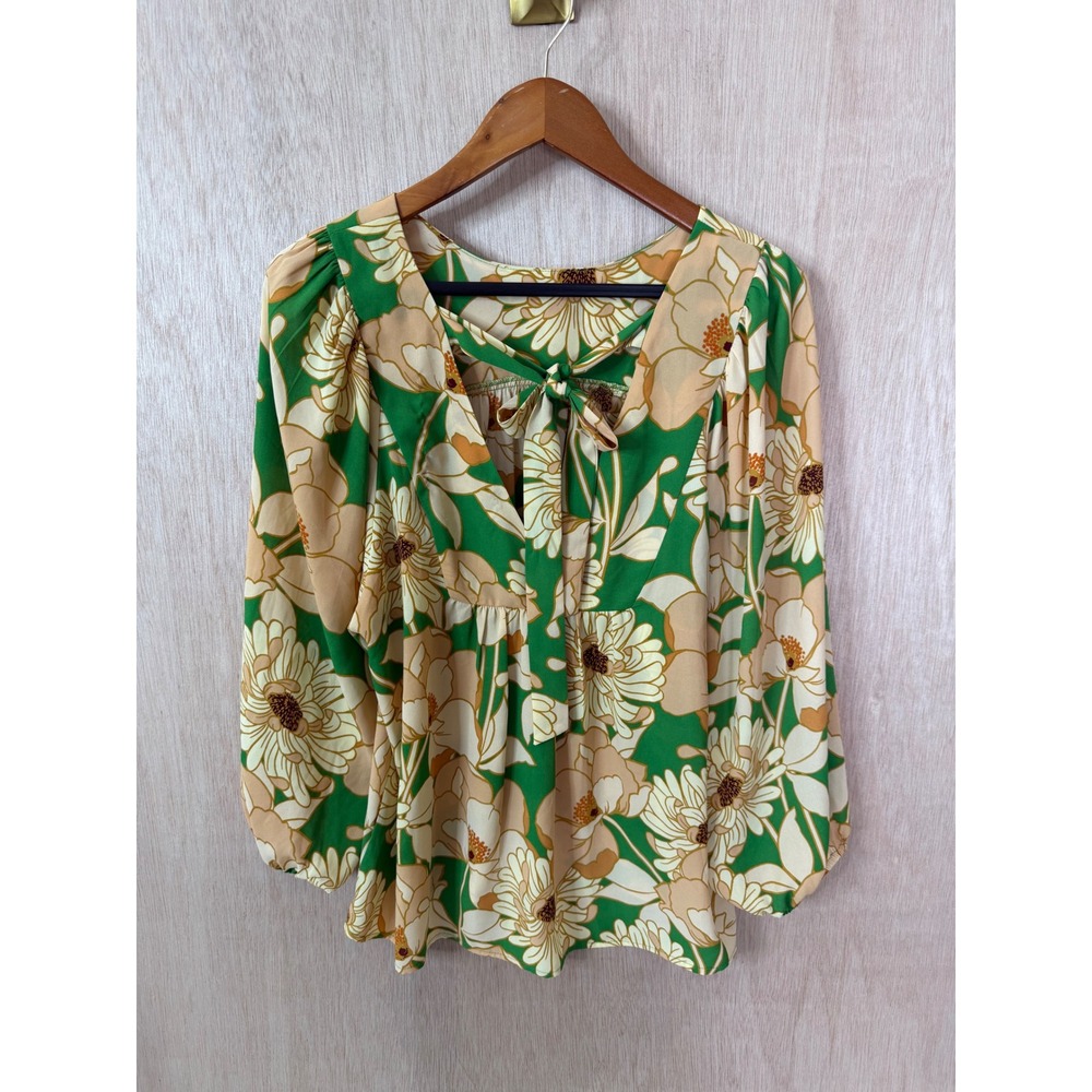 DR2 Floral Blouse Green Tan Long Sleeve Tie Back Babydoll Top Large